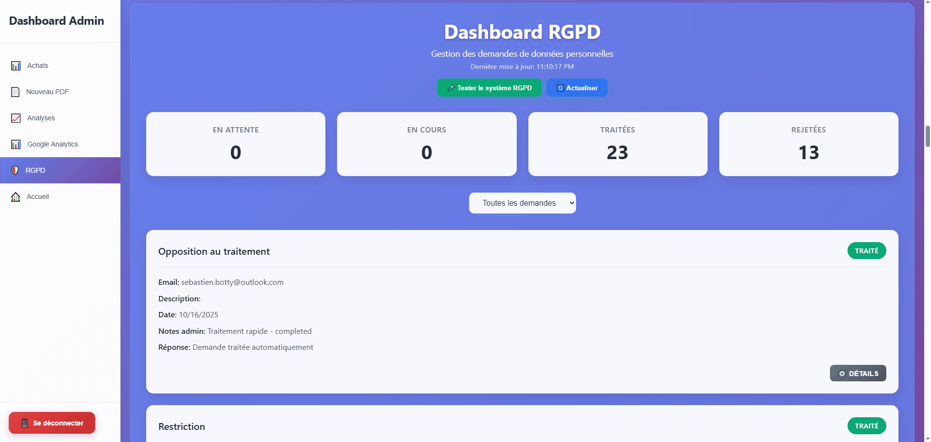 CheckCar — Dashboard RGPD