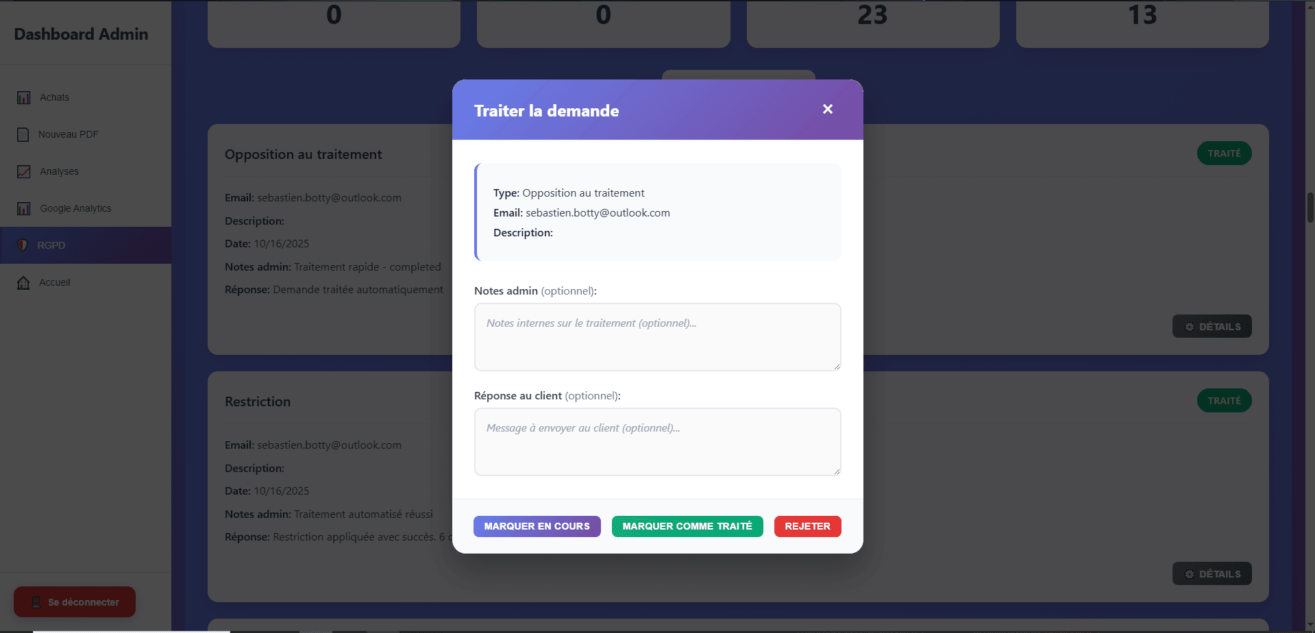 CheckCar — Dashboard RGPD